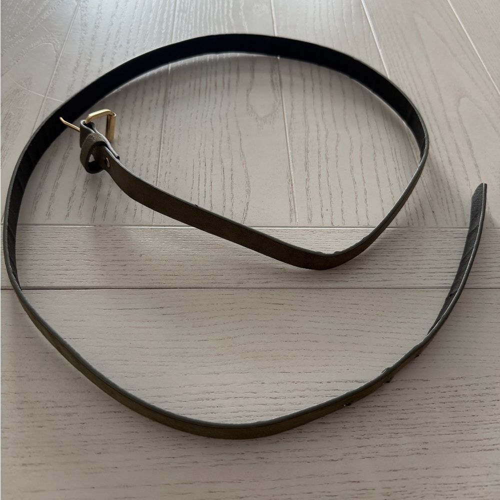Classic Olive Green Leather Belt with Gold Buckle